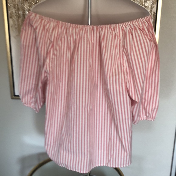 LOFT OFF SHOULDER PINK AND WHITE STRIPE SHORT SLEEVE TOP - Picture 7 of 8